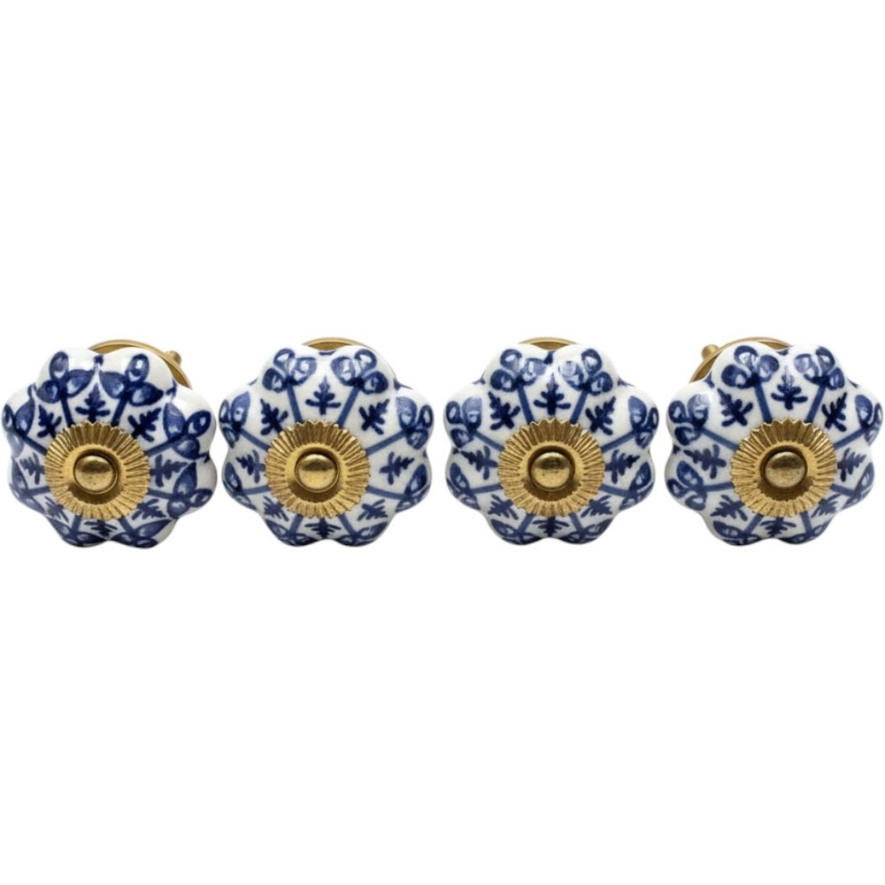 Blue and White Ceramic Floral Drawer Knobs Set of 4 Brass Hardware Pumpkin Shape